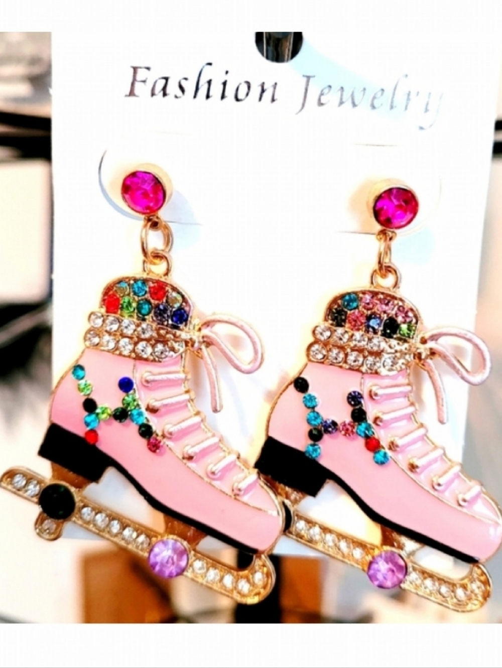 🌺Pink Ice Skate Earings With Rhinestone Embellishments